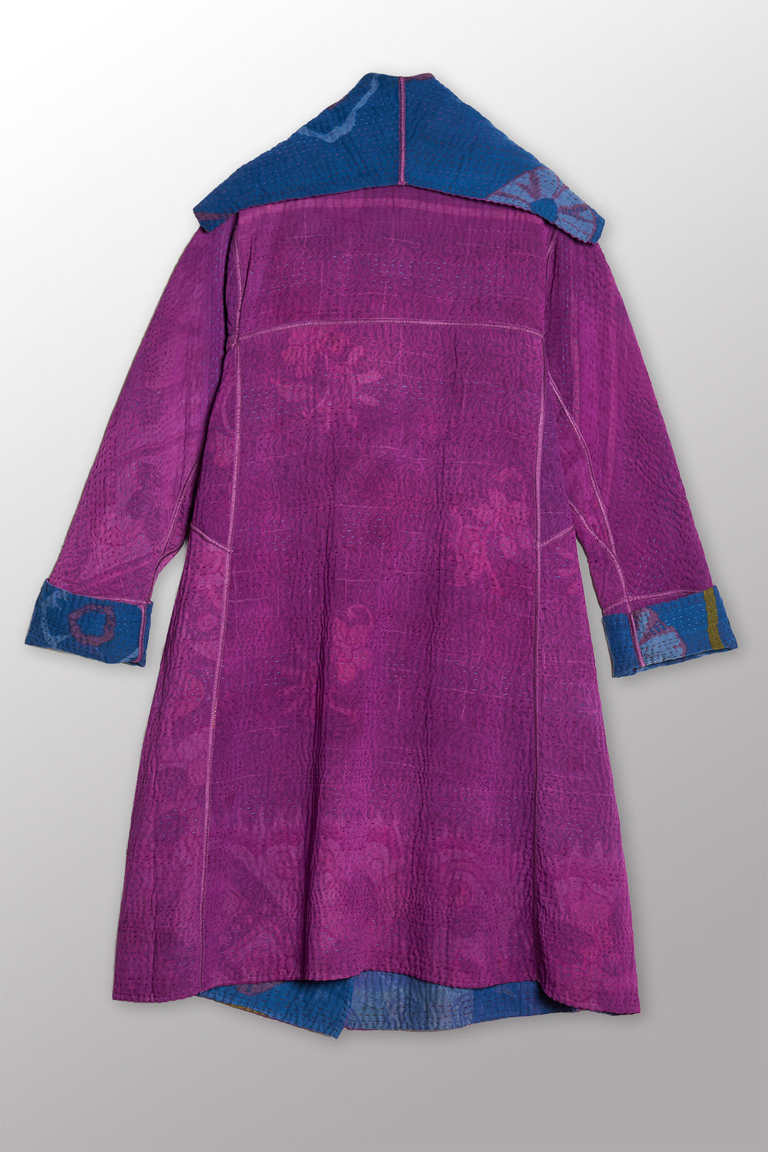 VINTAGE SILK GEORGETTE COTTON KANTHA A-LINE COAT - gc4309-0001a -