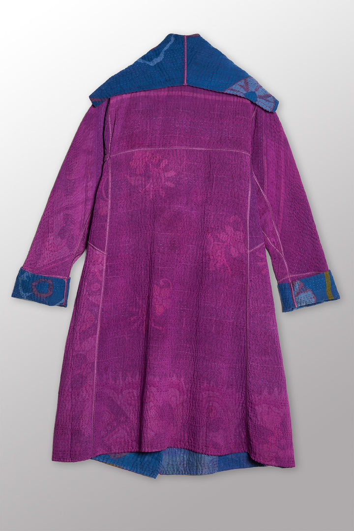 VINTAGE SILK GEORGETTE COTTON KANTHA A-LINE COAT - gc4309-0001a -