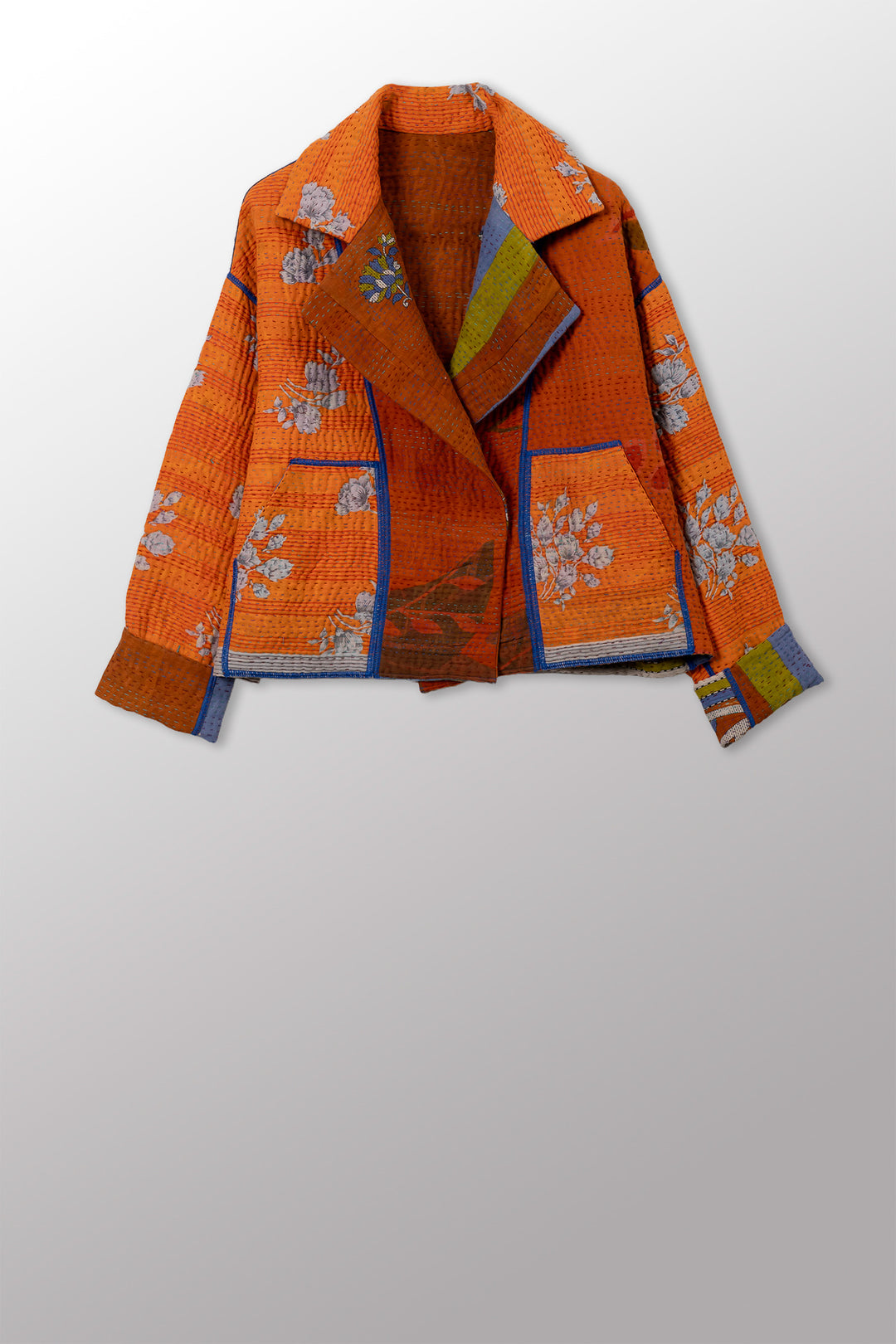 VINTAGE COTTON KANTHA NEW LAPELED SHORT JACKET - cv4j101-0001s -