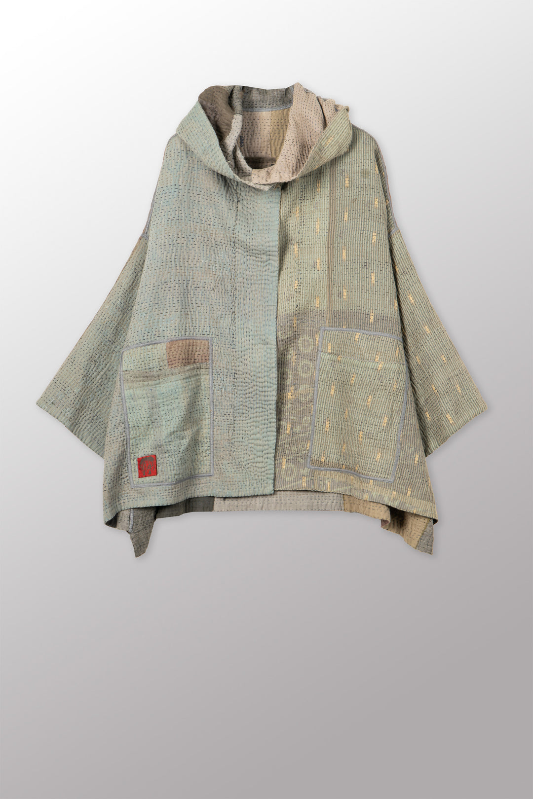 FRAYED PATCH KANTHA HOODIE PONCHO - fi4064-glk -