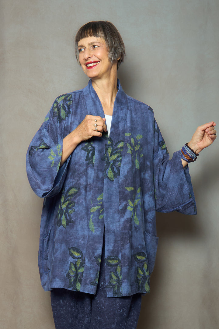CLOUD TIE DYE FLORAL KANTHA KIMONO COLLAR JACKET - uf2j108-blu -