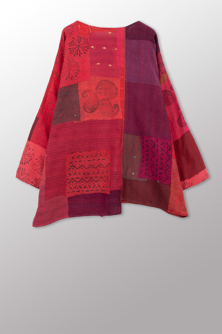 LANDSCAPE FRAYED PATCH KANTHA WITH STAMP OVERSIZED TUNIC - sp-lf2510-red -