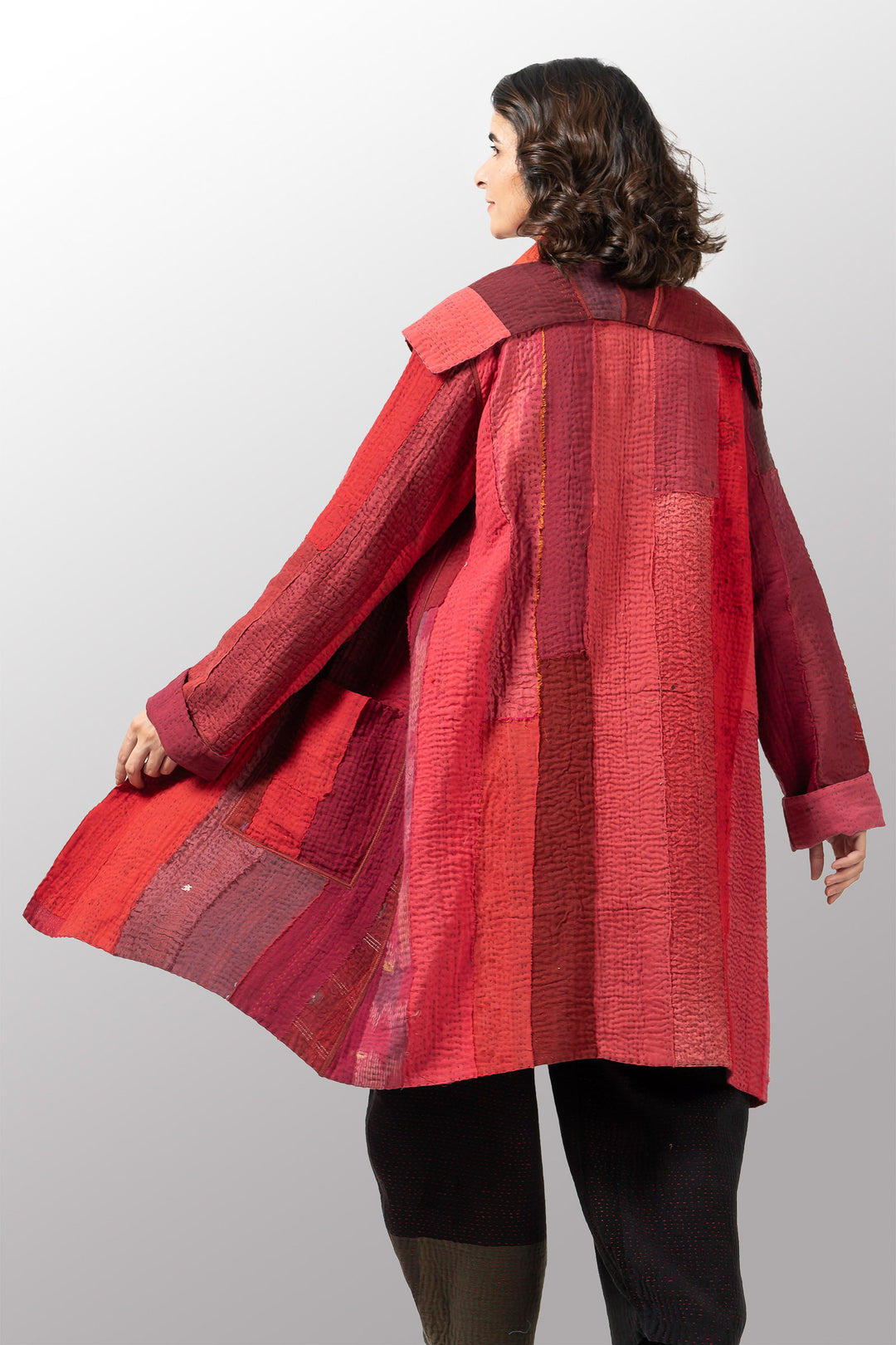 STRIPE AND CHECK COTTON SILK PATCH KANTHA POCKET MEDIUM COAT - ss4316-red -