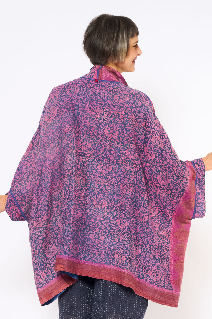 VINTAGE COTTON KANTHA DOUBLE COLLAR PONCHO - cv2323-0008a -