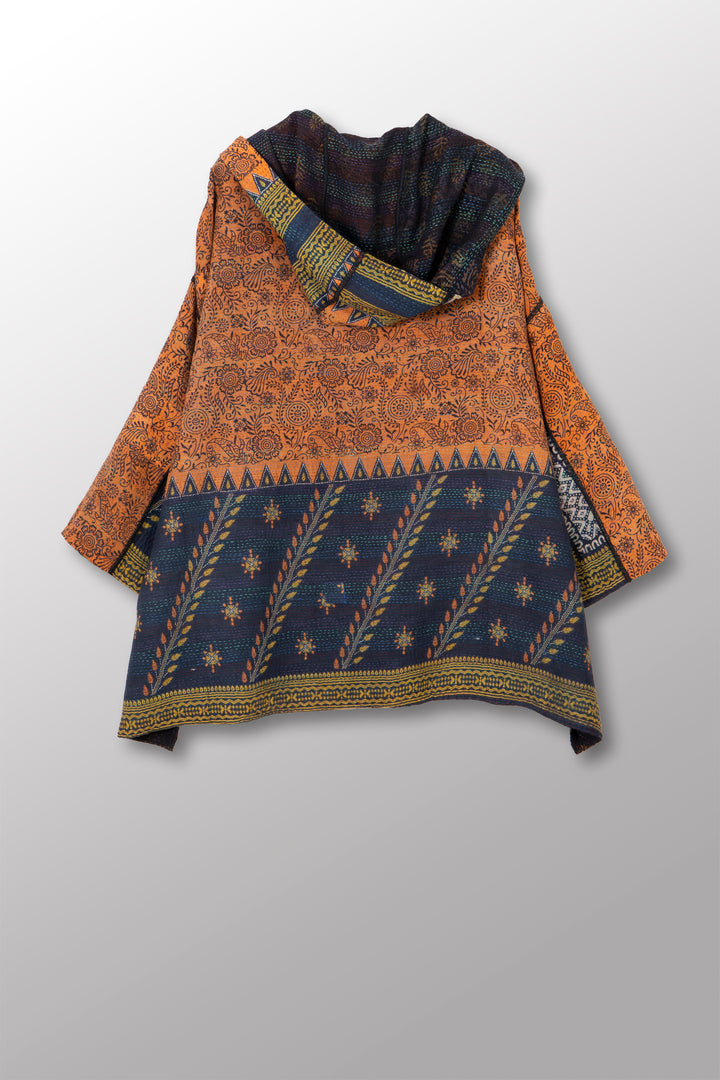 VINTAGE SILK GEORGETTE COTTON KANTHA HOODIE PONCHO - gc2064-0001a -