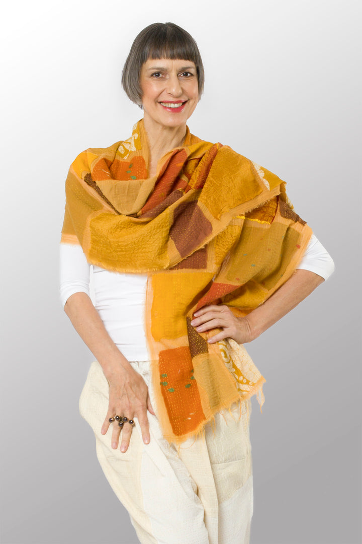 TONAL TILE PATCH KANTHA SCARF STANDARD - tt2801-ylw -