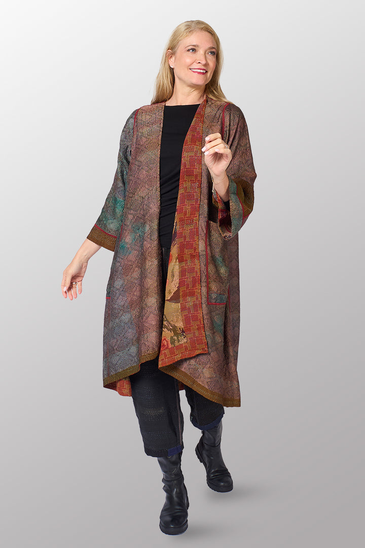 GEORGETTE JACQUARD VINTAGE SILK PATCH KANTHA WRAP FLARE COAT - gj2330-0002a -