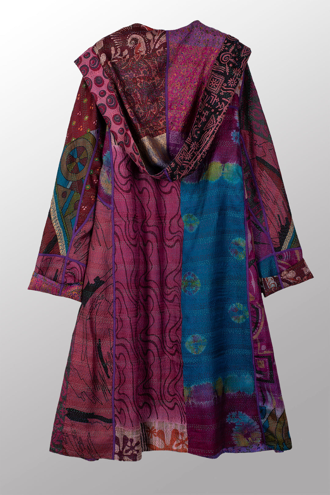 VINTAGE SILK KANTHA HOODED A-LINE LONG COAT - sv2306-0001a -