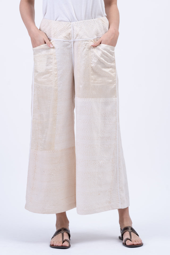 JAIPUR WHITE KANTHA MID RISE WIDE LEG PANTS - jw2665-ivy -