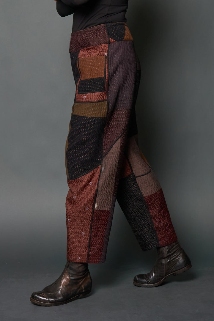 DENIM SUN-DYE KANTHA PANELED LANTERN PANTS - ds3675-brn -