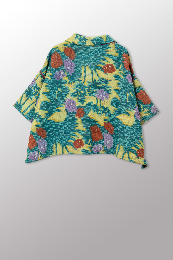 VINTAGE SILK GEORGETTE COTTON KANTHA COWL NECK PONCHO - gc4061-0001a -