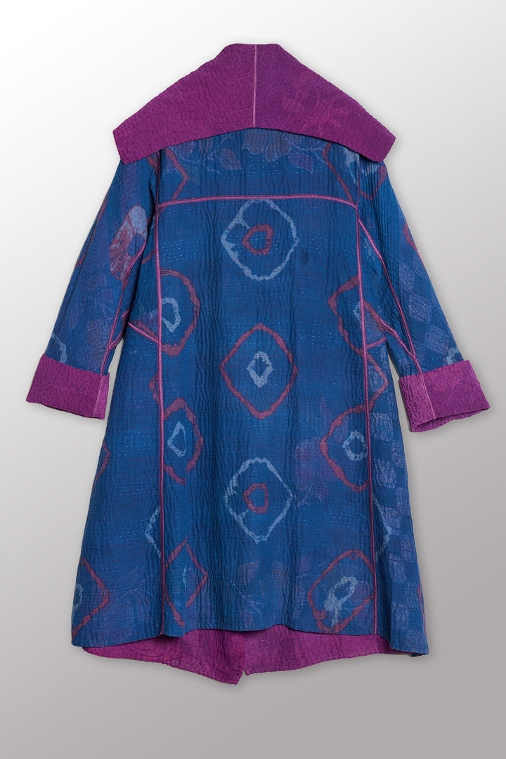 VINTAGE SILK GEORGETTE COTTON KANTHA A-LINE COAT - gc4309-0001a -