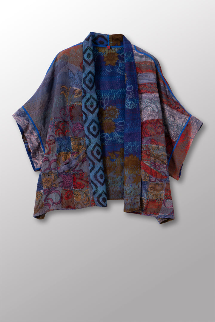 VINTAGE SILK GEORGETTE COTTON KANTHA MINI PONCHO - gc2060-0006a -