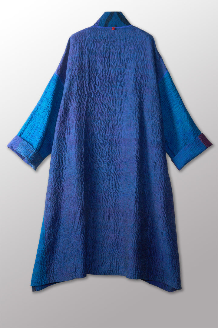 GEORGETTE JACQUARD VINTAGE SILK PATCH KANTHA NEW OVERSIZED COAT - gj4342-blu -