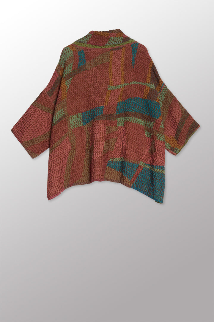 ABSTRACT WAFFLE KANTHA COWL NECK PONCHO - bw3061-red -