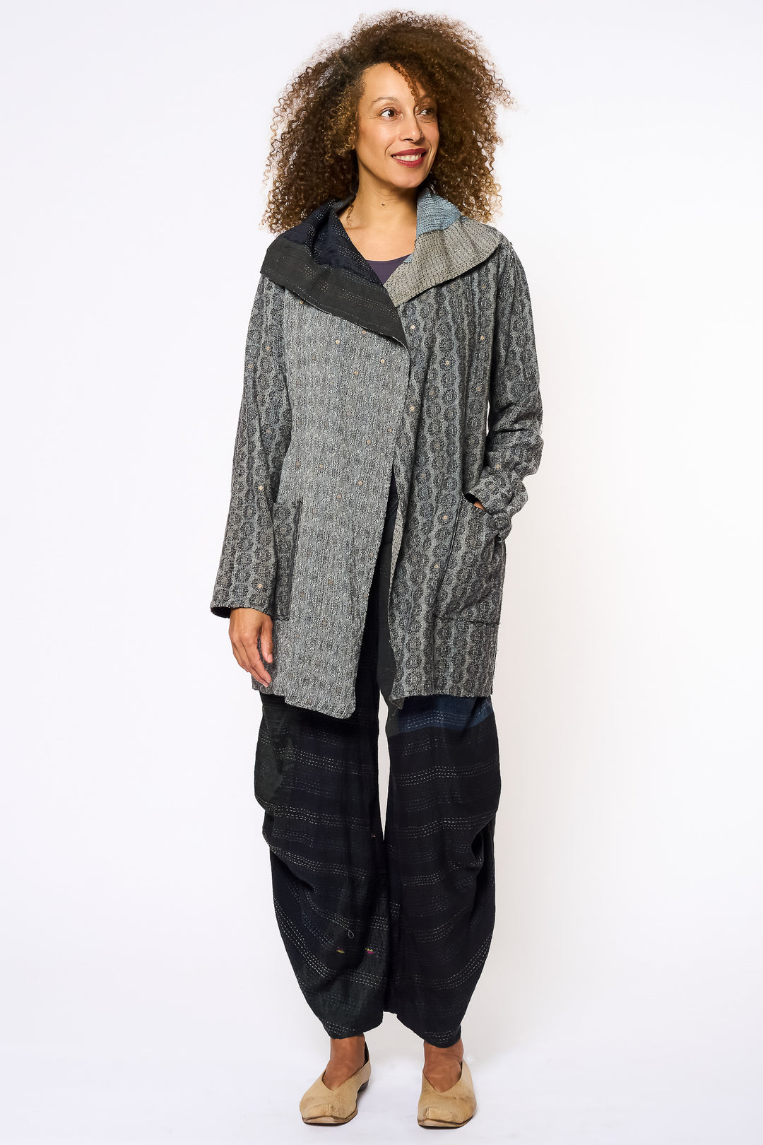 STRIPE FRAYED & HANDWOVEN KANTHA POCKET JKT - ft2002-blk -
