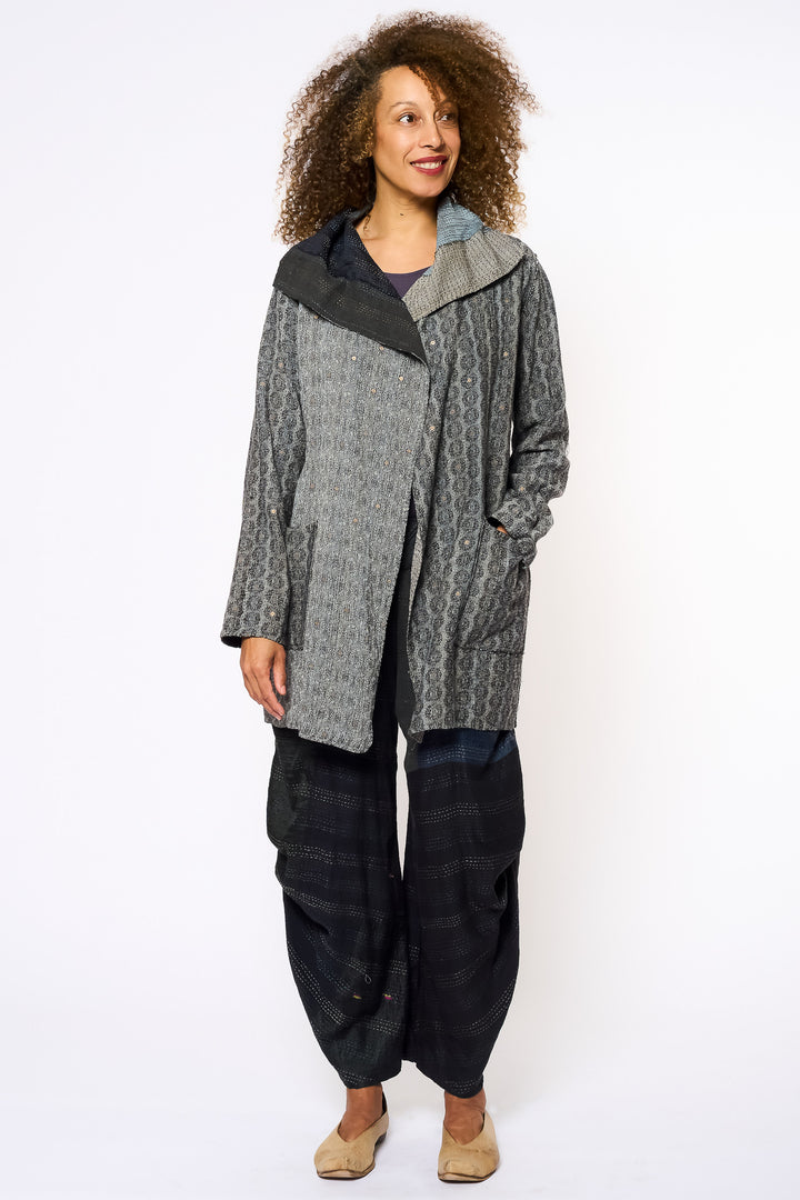 STRIPE FRAYED & HANDWOVEN KANTHA POCKET JKT - ft2002-blk -