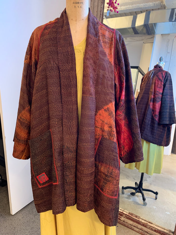 JACQUARD SILK PATCH TIE DYE CIRCLE SHIBORI KANTHA A-LINE JACKET - wj2003-BRN -