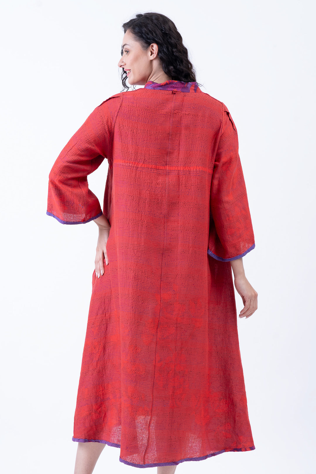 BLOOMING FLOWERS KANTHA V-NECK FLARE SLEEVE DRESS - bf2445-prp -