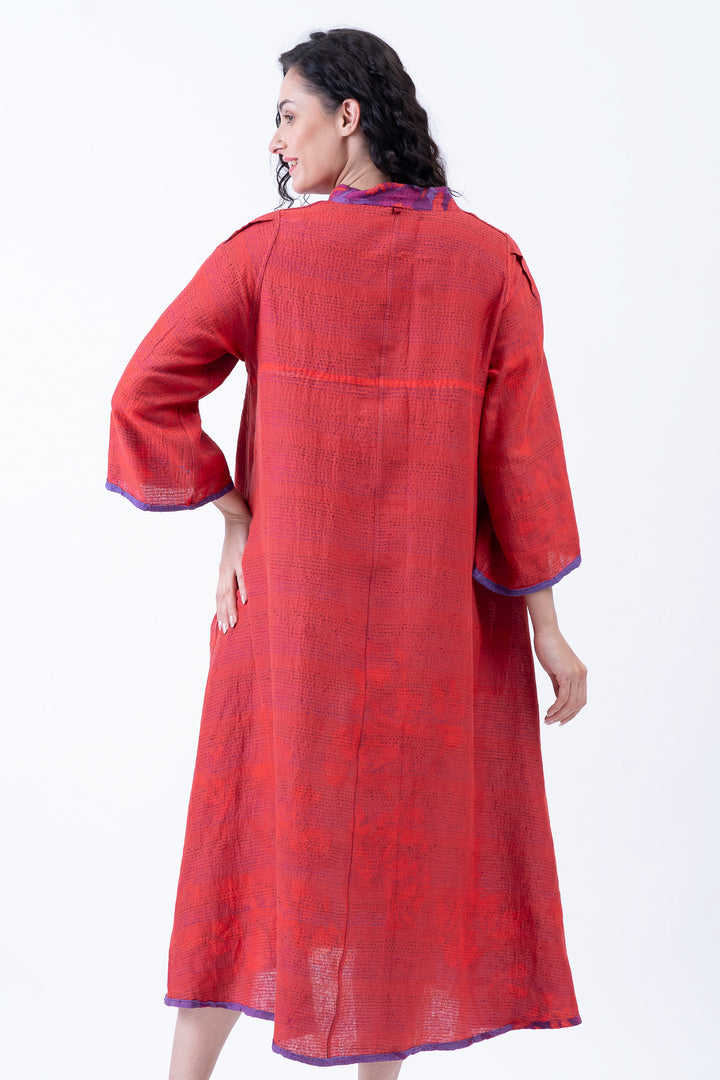 BLOOMING FLOWERS KANTHA V-NECK FLARE SLEEVE DRESS - bf2445-prp -
