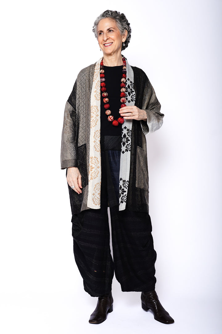 KIMONO COTTON KANTHA HAORI JACKET - kc2068-gry -