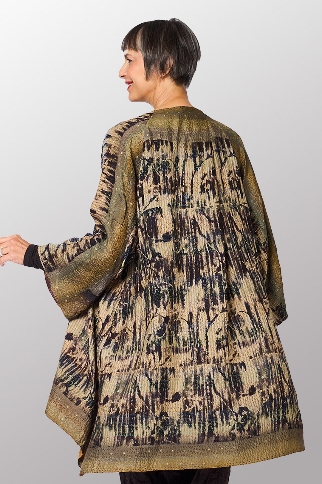 GEORGETTE JACQUARD VINTAGE SILK PATCH KANTHA KIMONO DUSTER - gj2317-0001a -