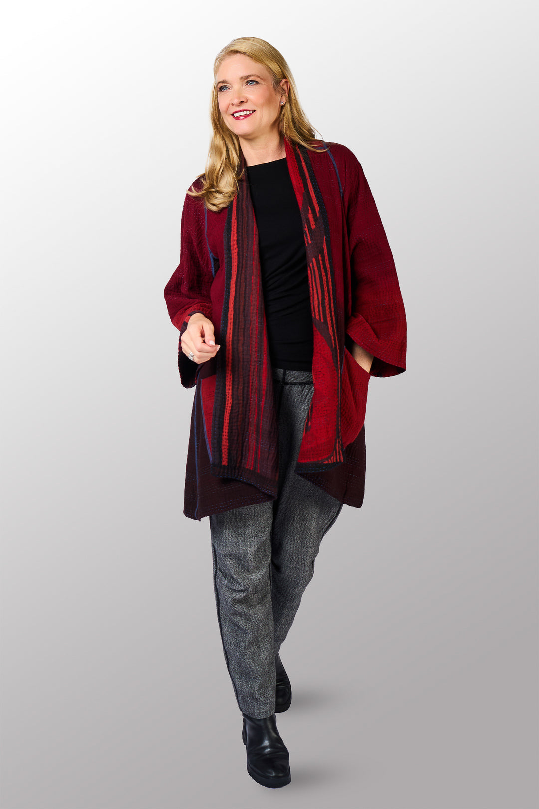 OVERDYED STRIPE AND BENDS KANTHA A-LINE JACKET - ov-sb4003-red -