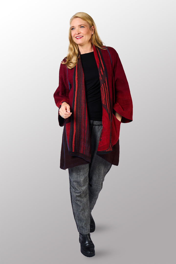 OVERDYED STRIPE AND BENDS KANTHA A-LINE JACKET - ov-sb4003-red -
