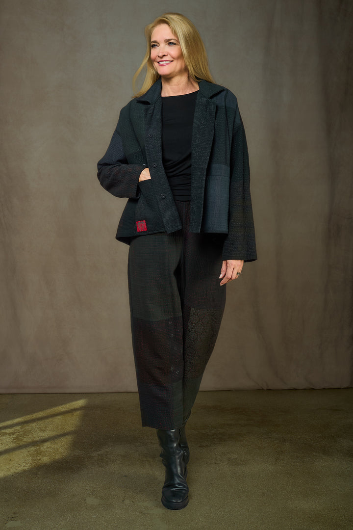 DENIM SUN-DYE KANTHA CROPPED SHIRT JACKET - ds3075-blk -