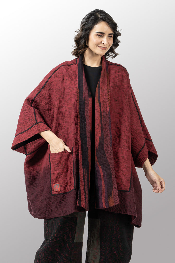 IKAT STRIPE KANTHA DOUBLE COLLAR PONCHO - is4323-DRD -