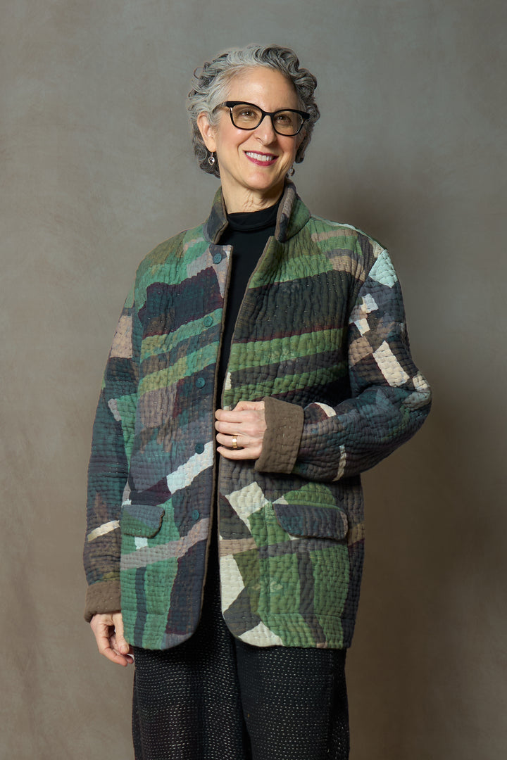 ABSTRACT AND DUCK CLOTH KANTHA SIMPLE MEN'S JACKET - ap5072-grn -