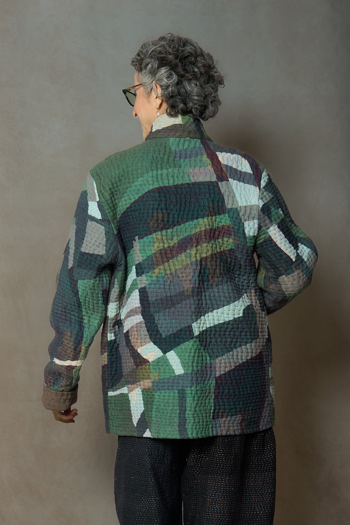 ABSTRACT AND DUCK CLOTH KANTHA SIMPLE MEN'S JACKET - ap5072-grn -