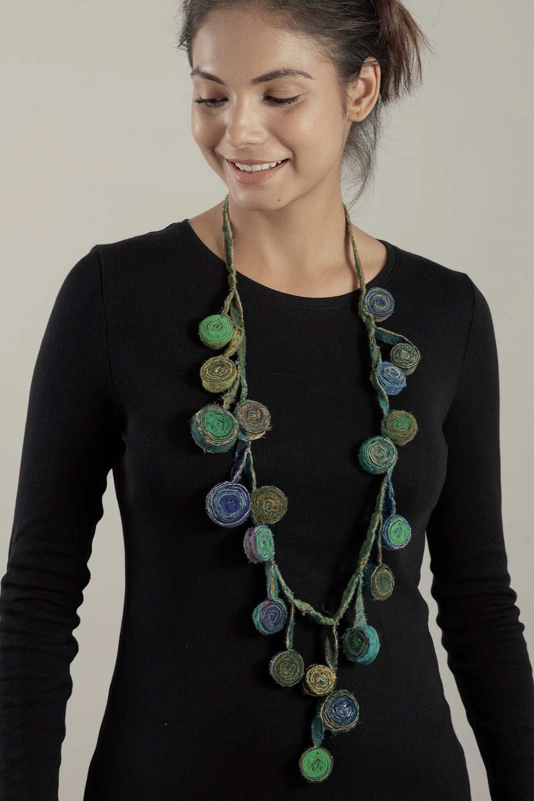 VINTAGE COTTON KANTHA EDDY LONG NECKLACE - cv2716-grn -