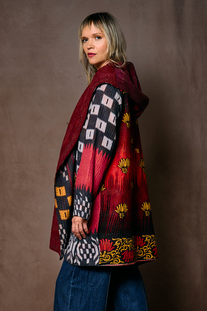 VINTAGE COTTON KANTHA HOODED POCKET COAT - cv4303-0002a -