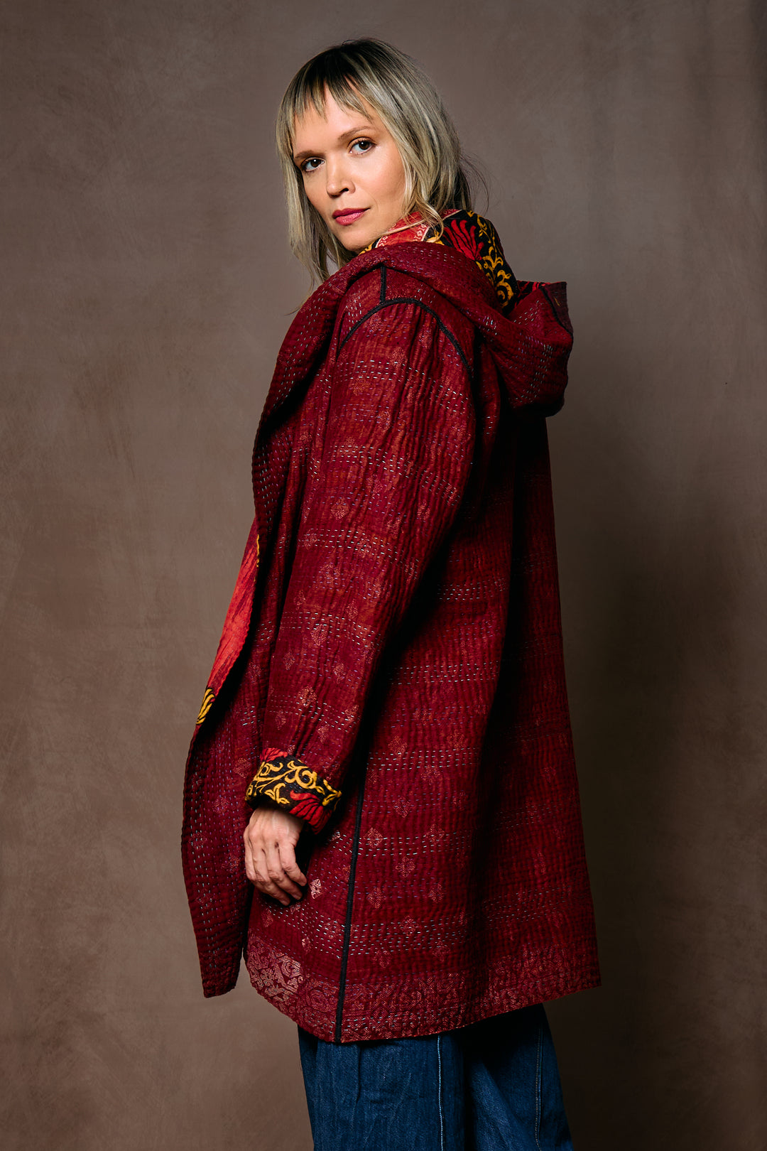 VINTAGE COTTON KANTHA HOODED POCKET COAT - cv4303-0002a -