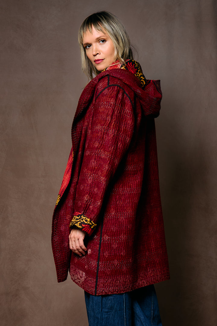VINTAGE COTTON KANTHA HOODED POCKET COAT - cv4303-0002a -