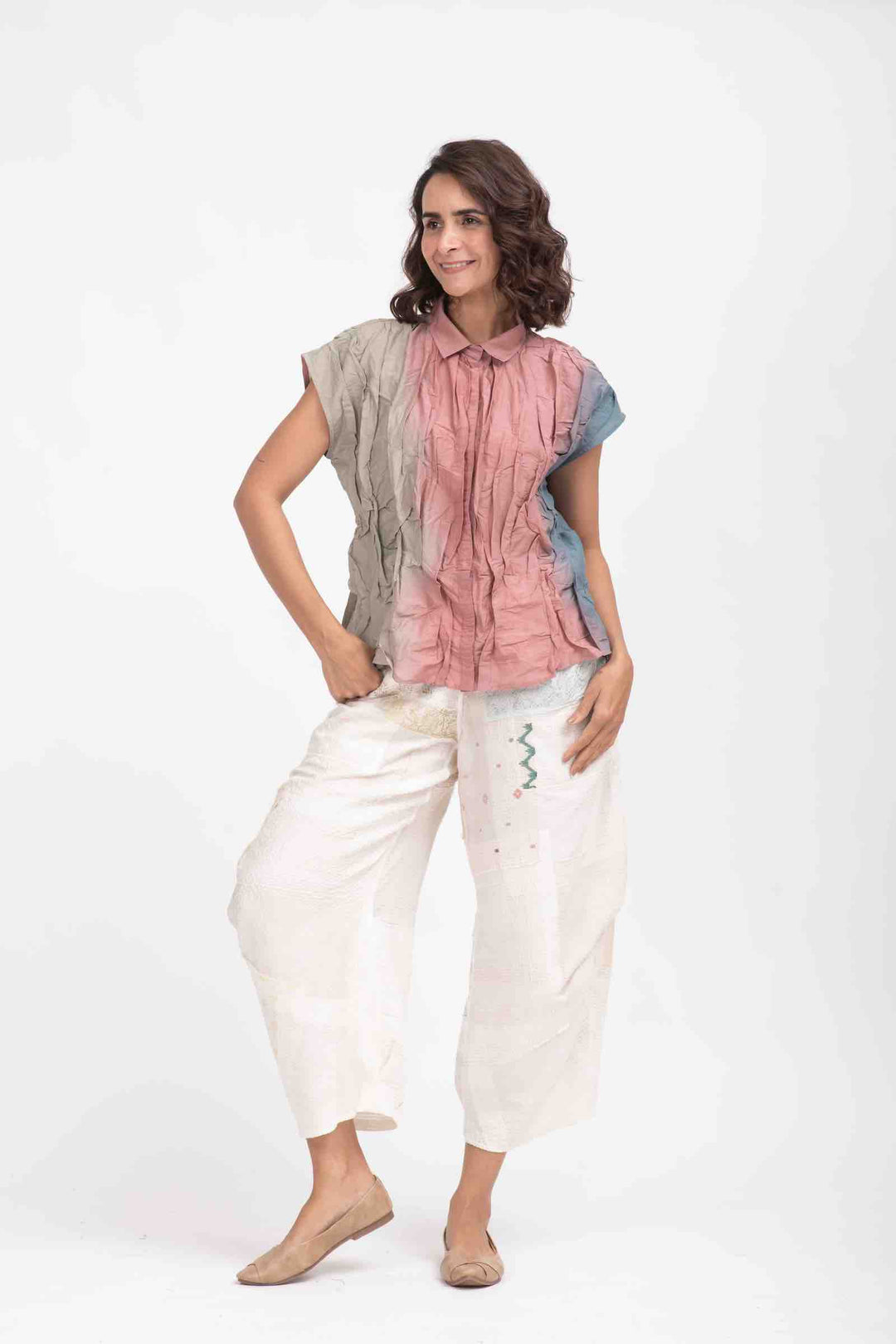 DYED COTTON SILK VOILE WAVY FRENCH SLEEVE SHIRT - dc1569-opi -