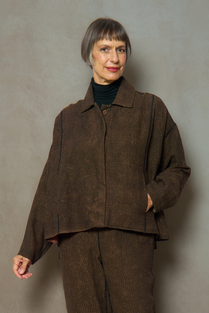 DENIM SUN-DYE KANTHA CROPPED SHIRT JACKET - ds3075-brn -