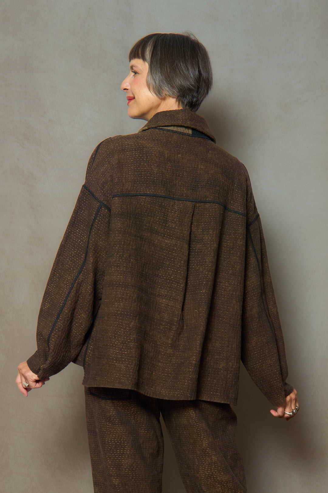 DENIM SUN-DYE KANTHA CROPPED SHIRT JACKET - ds3075-brn -