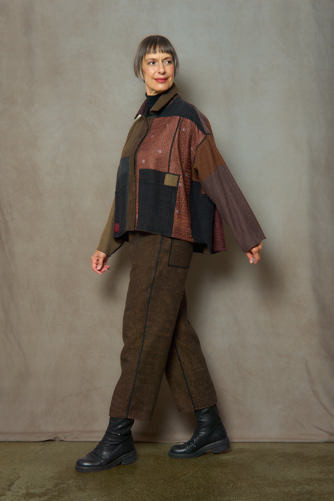 DENIM SUN-DYE KANTHA CROPPED SHIRT JACKET - ds3075-brn -