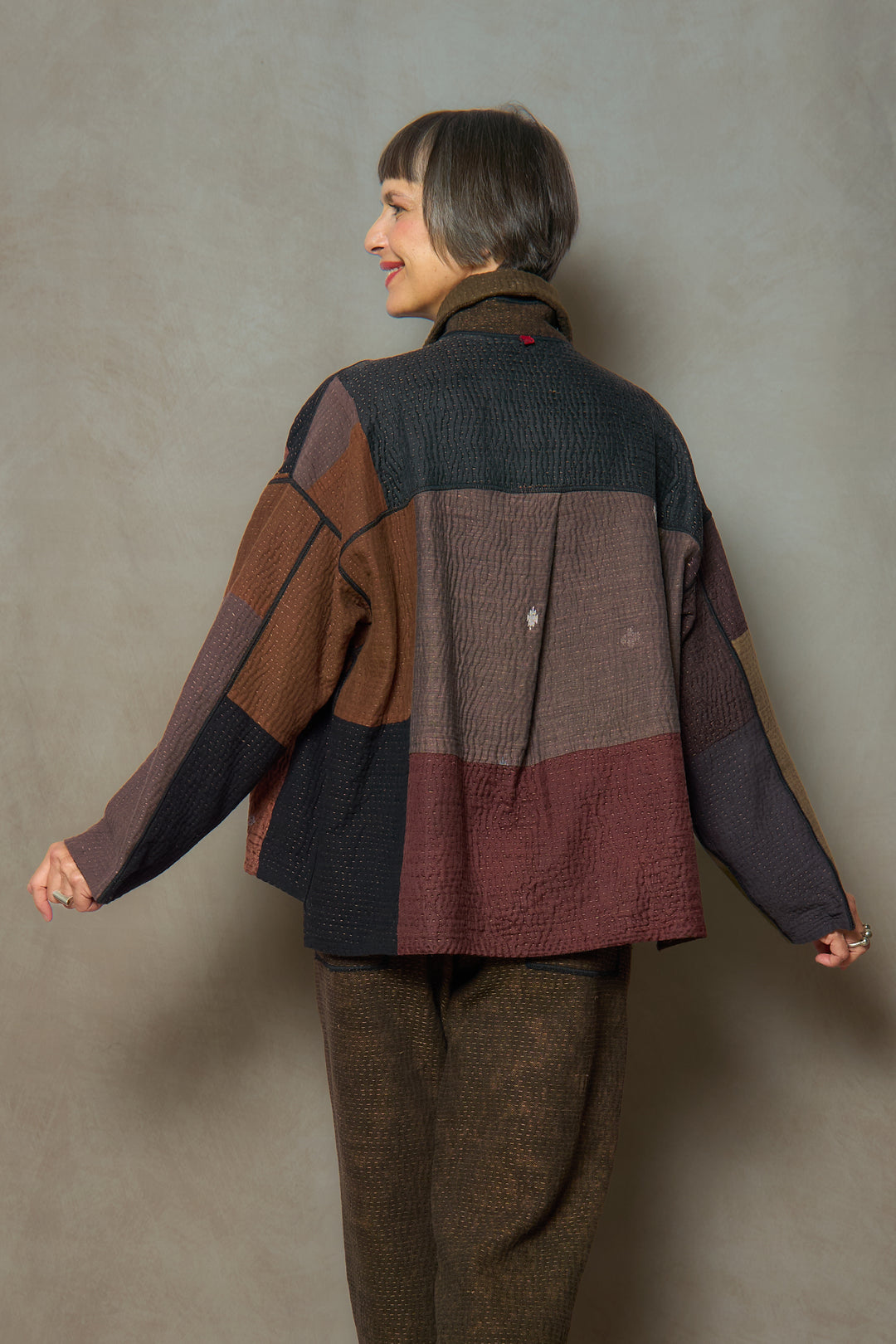 DENIM SUN-DYE KANTHA CROPPED SHIRT JACKET - ds3075-brn -