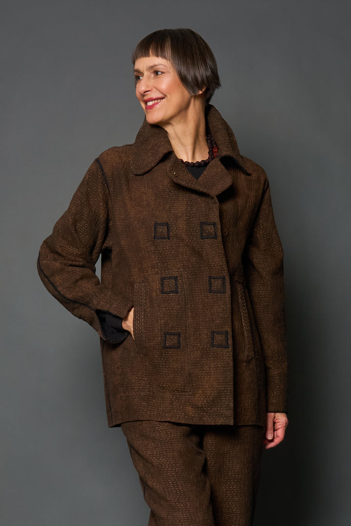 DENIM SUN-DYE KANTHA PEA COAT - ds3349-brn -