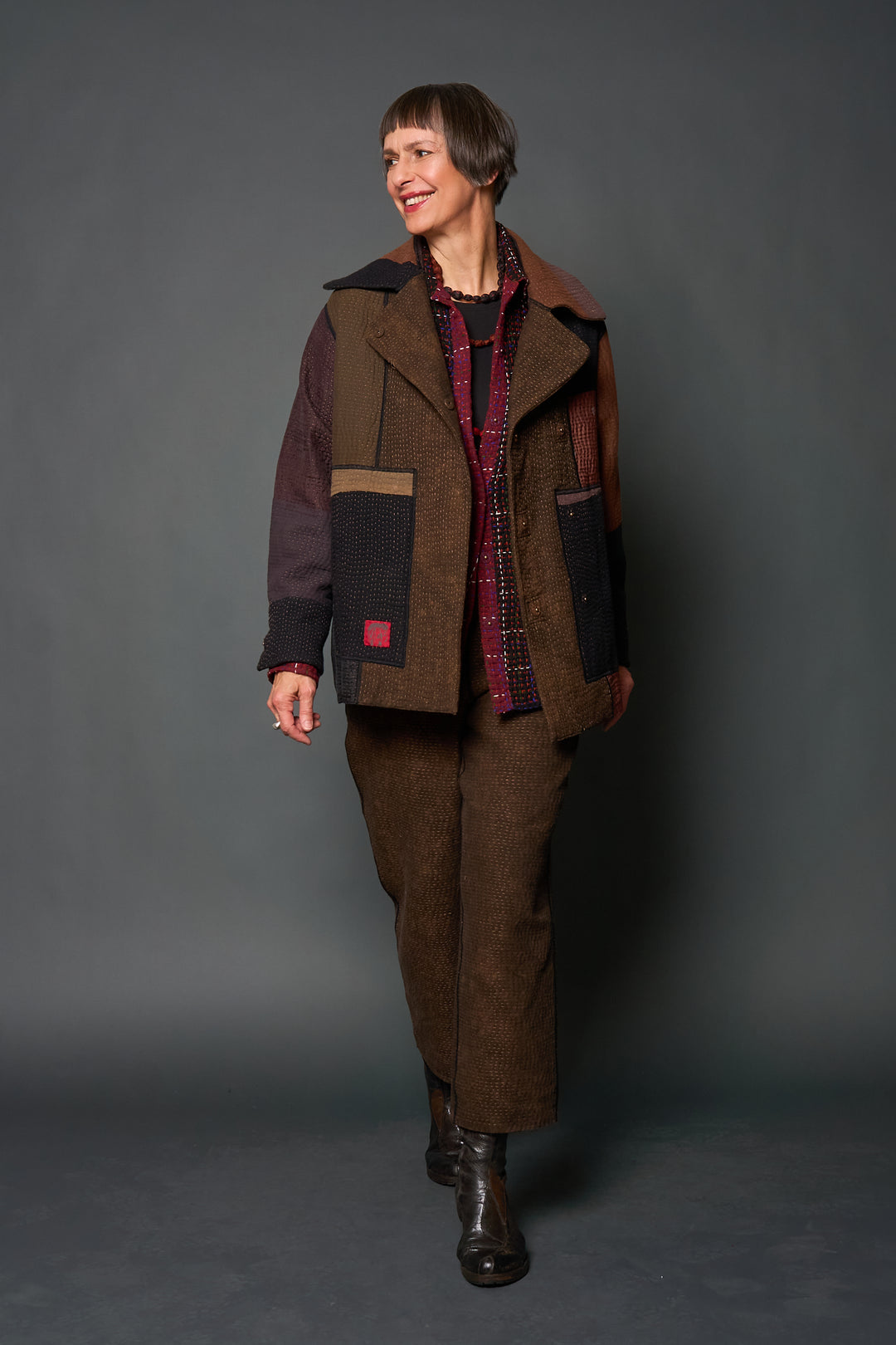 DENIM SUN-DYE KANTHA PEA COAT - ds3349-brn -