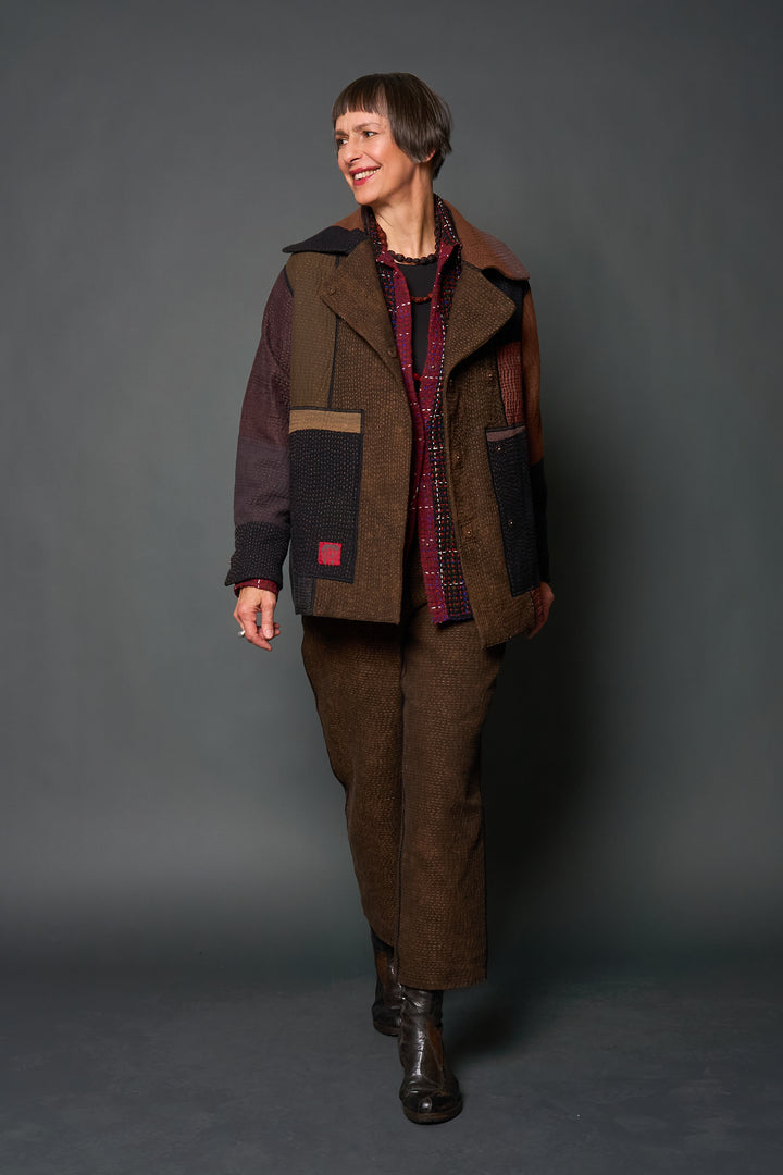 DENIM SUN-DYE KANTHA PEA COAT - ds3349-brn -