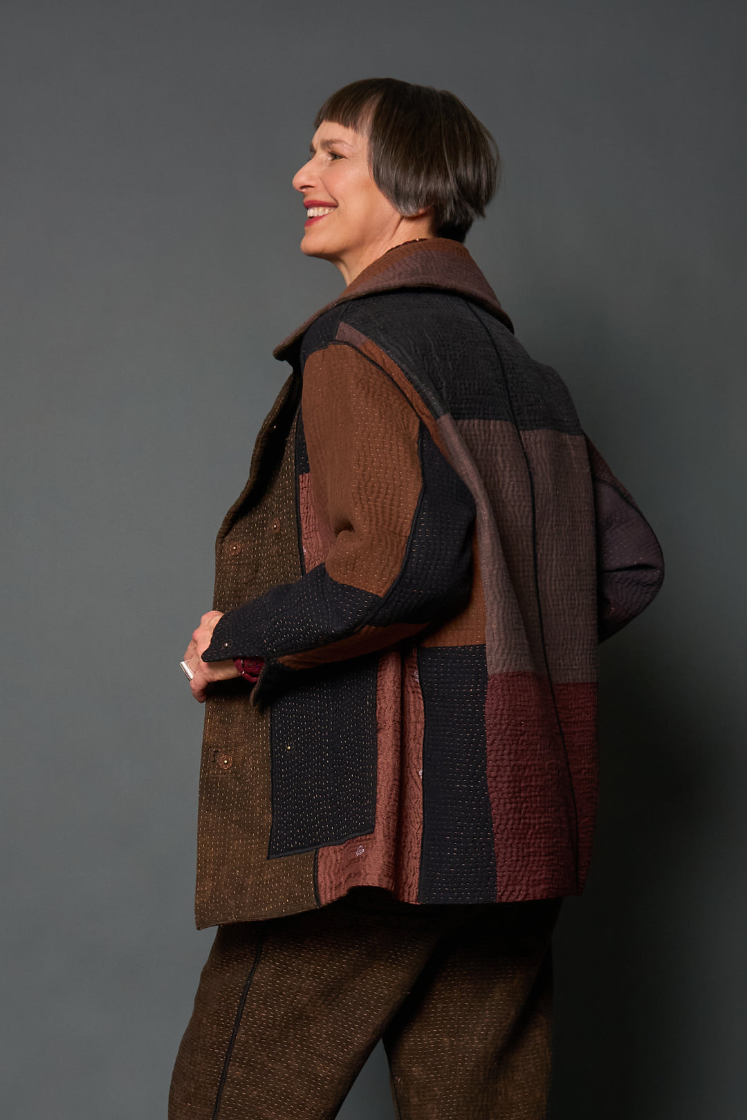 DENIM SUN-DYE KANTHA PEA COAT - ds3349-brn -