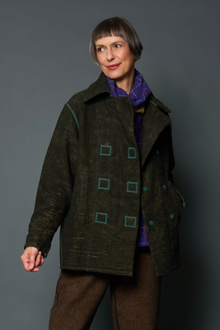 DENIM SUN-DYE KANTHA PEA COAT - ds3349-grn -