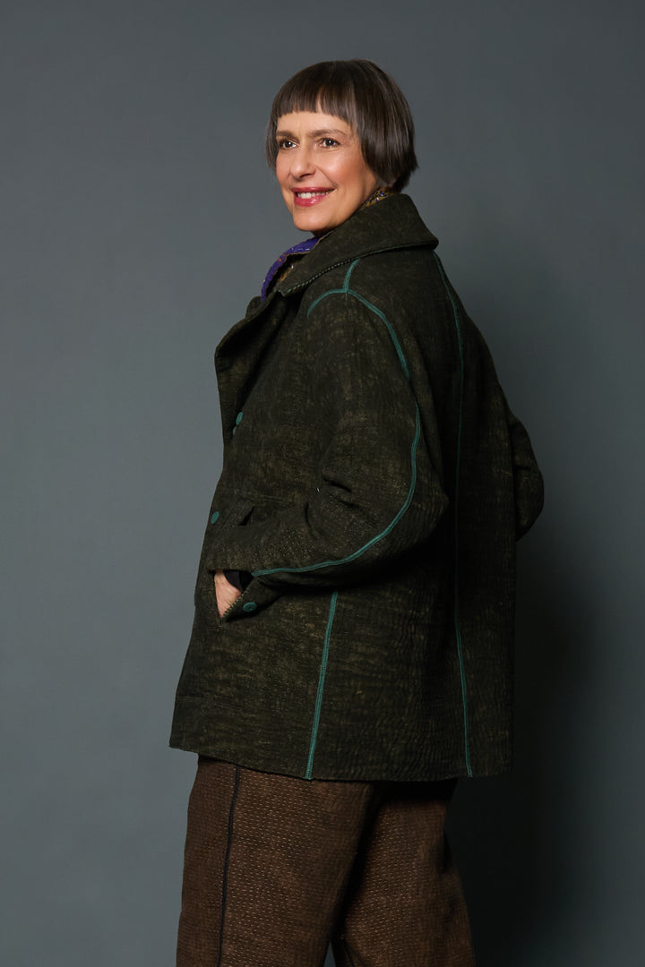 DENIM SUN-DYE KANTHA PEA COAT - ds3349-grn -