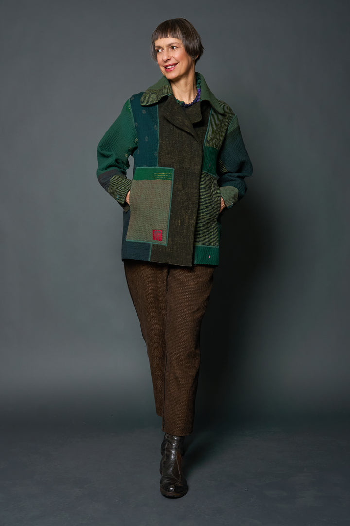 DENIM SUN-DYE KANTHA PEA COAT - ds3349-grn -