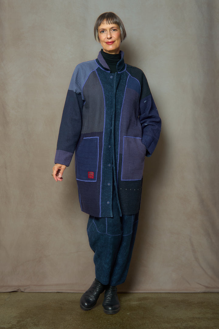 DENIM SUN-DYE KANTHA NEW RAGLAN SLEEVE COAT - ds3353-nvy -