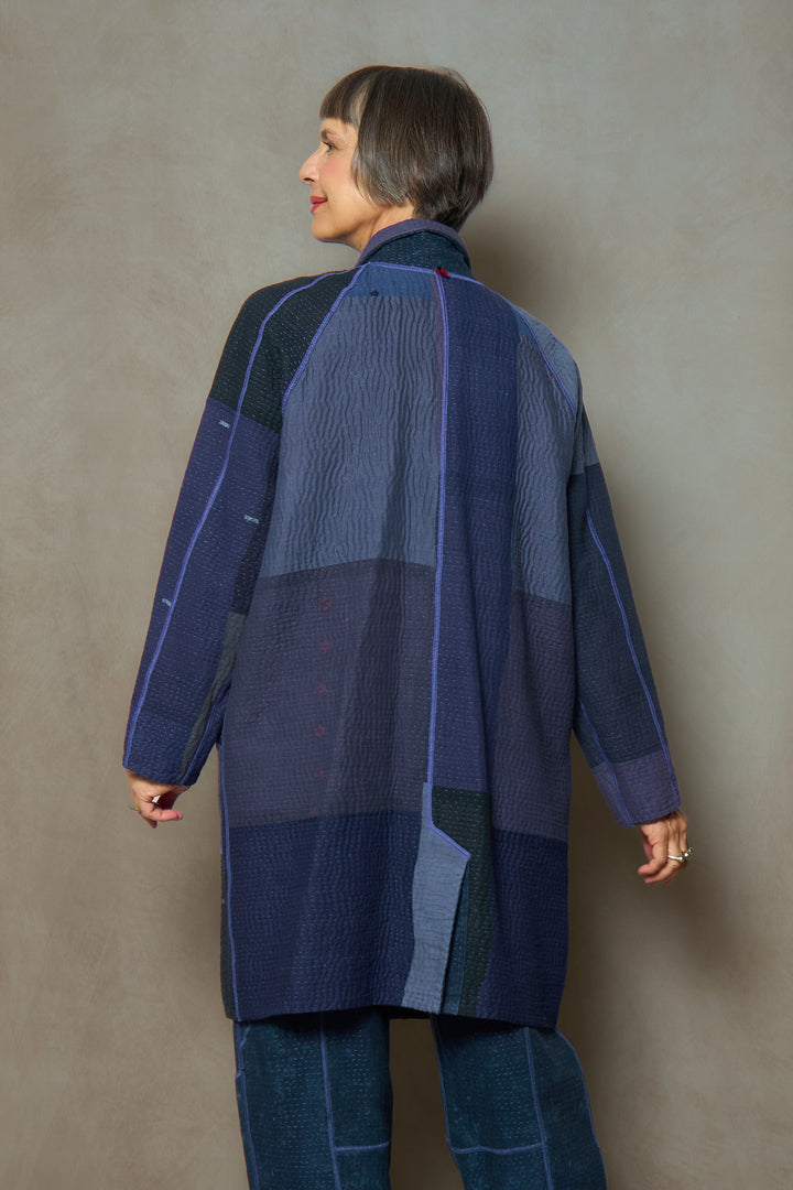 DENIM SUN-DYE KANTHA NEW RAGLAN SLEEVE COAT - ds3353-nvy -